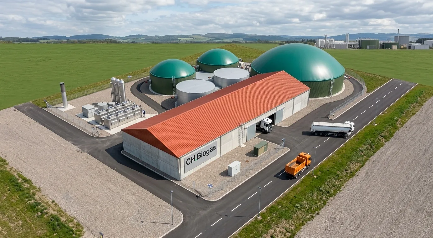 Vista aérea de una planta con tres digestores y nave de recepción